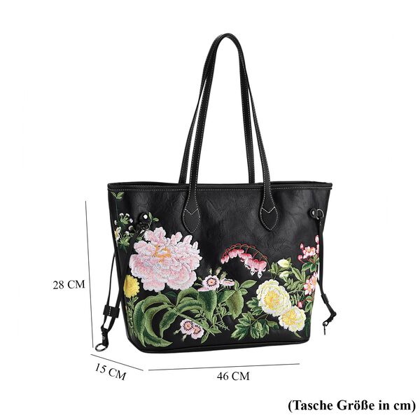 Bestickter Shopper, Kunstleder, Blumen Design, 46 x 15 x 28 cm, Schwarz image number 7