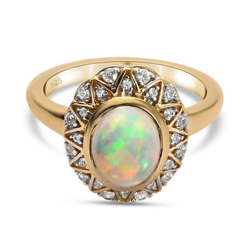 Nat&uuml;rlicher &Auml;thiopischer Opal und Zirkon Ring 925 Silber vergoldet (Gr&ouml;&szlig;e 16.00) ca. 1,43 ct