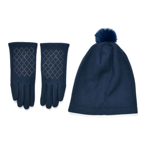 LA MAREY 2er-Set Kaschmir Mützen und Handschuhen mit Mikroplüsch-Futter, Marineblau image number 0