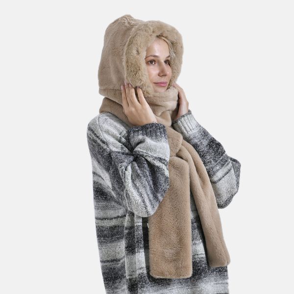 Superweicher 2-in-1-Langschal und M&uuml;tze aus hochwertigem Kunstfell, beige image number 3