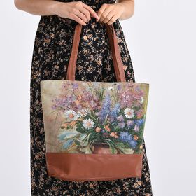 Schultertasche mit Blumenmuster, 42x34x12cm, Beige