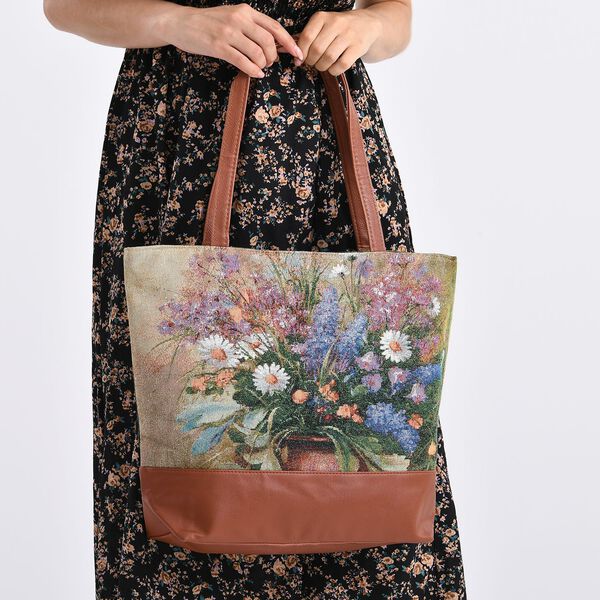 Schultertasche mit Blumenmuster, 42x34x12cm, Beige image number 4