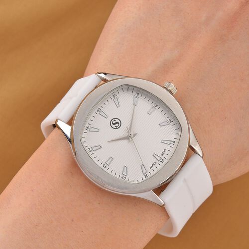 STRADA - Uhr mit japanischem Uhrwerk, silbernem Gehäuse und weißem Silikonarmband image number 1