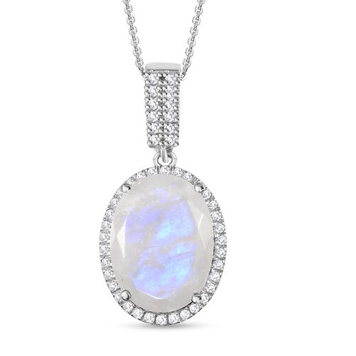 Premium Regenbogen Mondstein und weißer Zirkon-Anhänger mit Kette, 925 Silber platiniert ca. 8.85 ct image number 0
