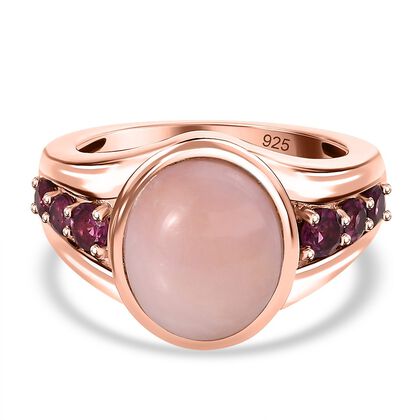 Nat&uuml;rlicher Peruanischer Rosa-Opal, Nat&uuml;rlicher Rhodolith Granat Ring, 925 Silber ros&eacute;vergoldet (Gr&ouml;&szlig;e 19.00) ca. 4.71 ct