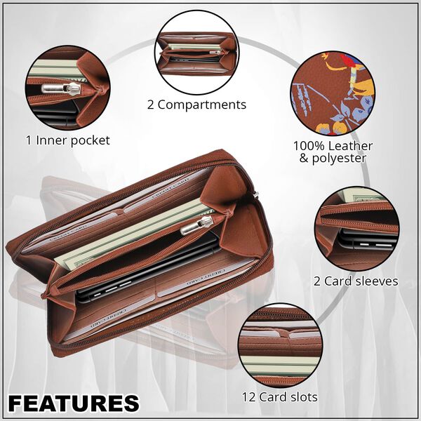 CLOSE OUT - UNION CODE: Echtleder Brieftasche, Blumenmuster, dunkel Cognac image number 3