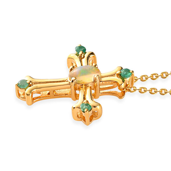 Nat&uuml;rlicher, &auml;thiopischer Opal und Smaragd Kreuz-Anh&auml;nger mit Kette in Silber image number 4