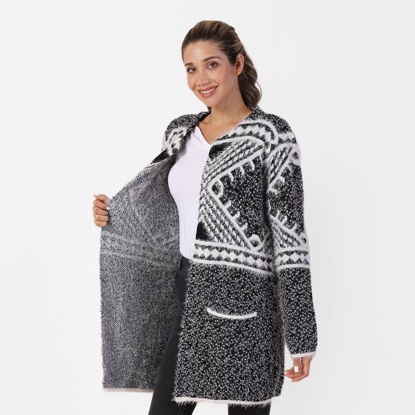 Langer Cardigan mit Taschen und Knopf, gestrickt, Einheitsgr&ouml;&szlig;e Geometrisch image number 3