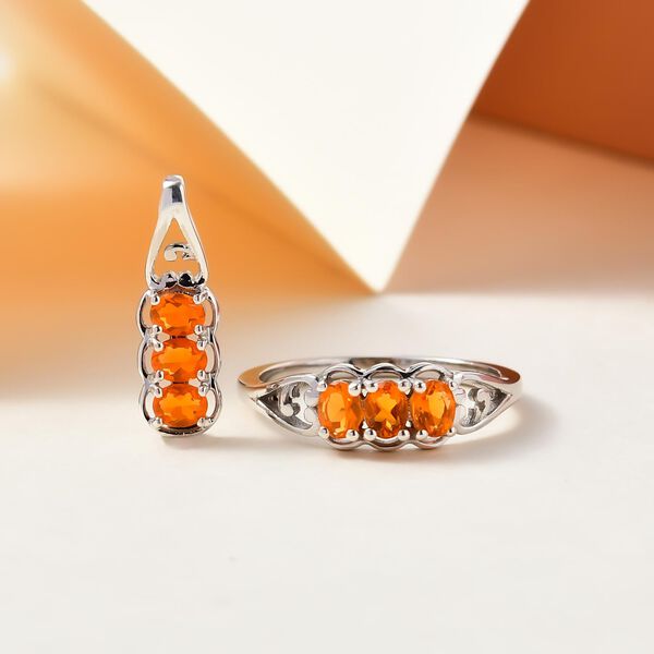 2er-Set-Salamanca Feueropal-Trilogie-Ring und Anhänger, 925 Silber platiniert, 0,70 ct. image number 2