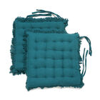 2er Set Stuhlpolster aus 100% Baumwolle mit Fransen und Bändern, 40x40x3 cm, Teal