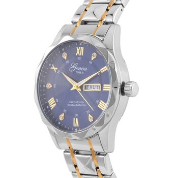 GENOA Kristall Quarzuhr, Blaues Zifferblatt, Edelstahlarmband, Bicolor