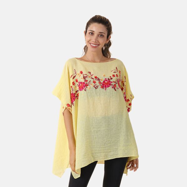 T-Shirt mit Blumen-Stickerei, Gelb, Einheitsgr&ouml;&szlig;e