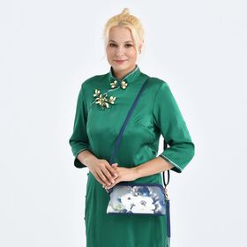 LA MAREY Crossbody Tasche aus 80% Seidenbrokat und 20% Echtleder, Blumenmuster, 24x5.5x14cm, Weiß-blau