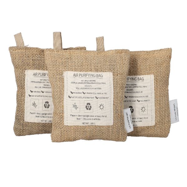3er-Set Aktivkohle Beutel Luftreinigend, feuchtigkeits- und geruchsabsorbierend, Wiederauladbar, je 200 g
