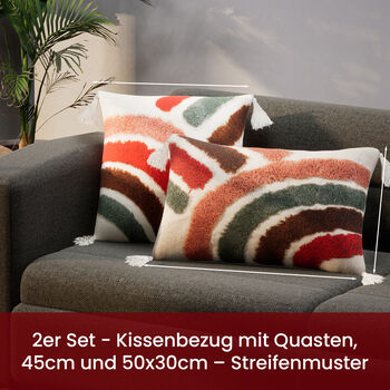 2er Set - Kissenbezug mit Quasten, 45cm und 50x30cm - Streifenmuster