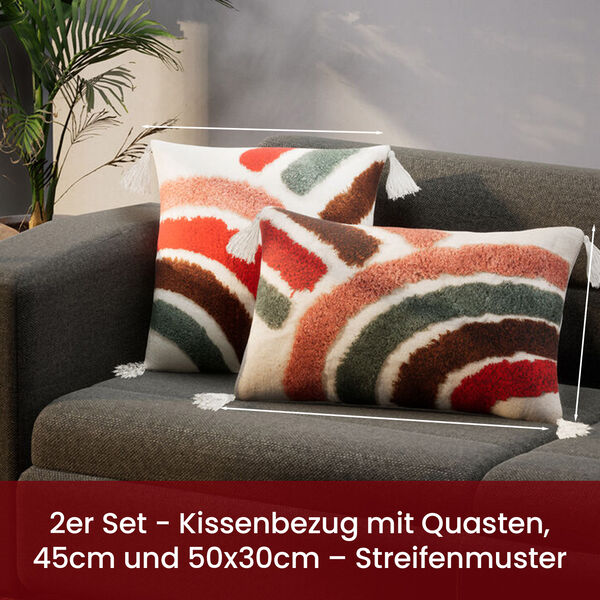 2er Set - Kissenbezug mit Quasten, 45cm und 50x30cm - Streifenmuster image number 1