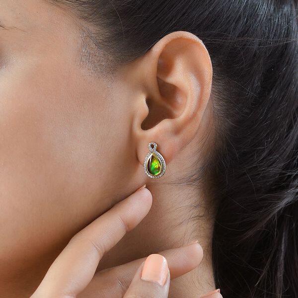 Kanadische Ammolit und weiße Zirkon-Ohrringe, 925 Silber Gelbgold Vermeil ca. 2.85 ct image number 3