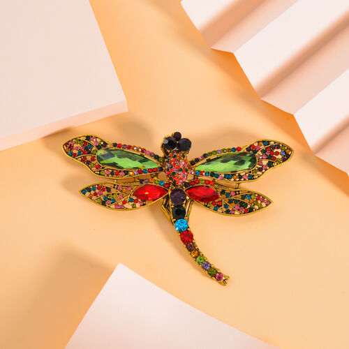 Mehrfarbiger Kristall Brosche,  Antikes Gold, Libelle image number 1