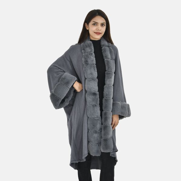 LA MAREY - Stilvoller langer Mantel mit Kunstpelzrand, 108x100cm, dunkelgrau image number 1