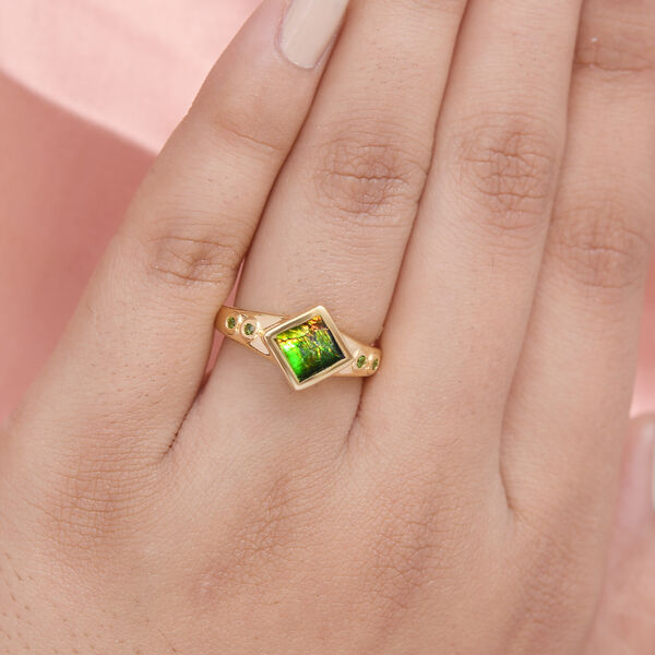 Ammolit und Nat&uuml;rlicher Chromdiopsid Ring 925 Silber vergoldet  ca. 1,07 ct