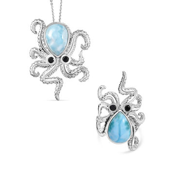 GP Trionfo Kollektion - Larimar, schwarzer Spinell und blauer Saphir Ring und Anh&auml;nger mit 45cm Kette