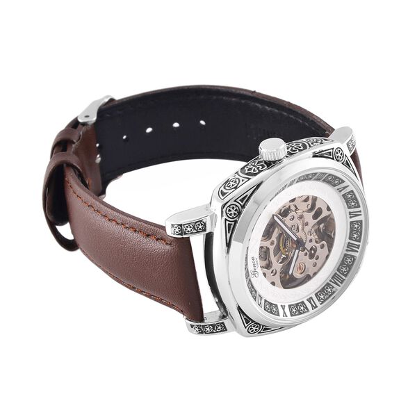 Genoa Time V2 Automatik-Uhr mit Schwarz Oxidiertem Graviertem Gehäuse und Braunem Lederarmband image number 6