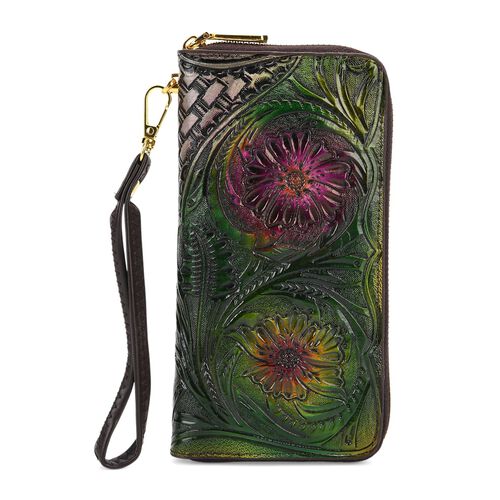 "Life style Color:Embossed Green Flower /Profile:Long wallet with wrist wall(exterior):PU   Lining(interior): polyester;   Pockets(exterior):Zipped-1; Pockets(interior):Zipped-1;Card slot-8  Measurement:7.48*0.98*3.94 " image number 0