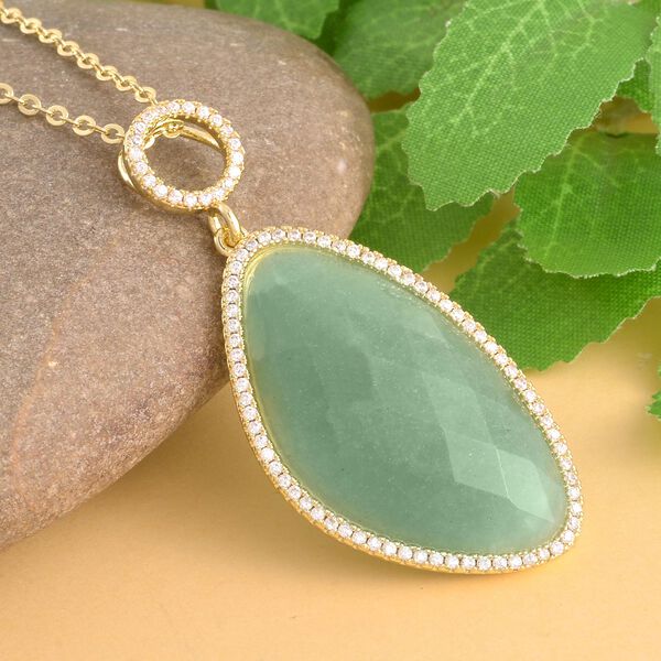 Gr&uuml;ner Aventurin, Wei&szlig;er Zirkonia Anh&auml;nger mit Kette, Goldfarbene ca. 18.00 ct image number 2