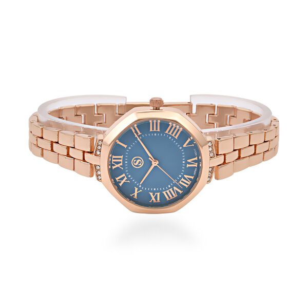 Strada - Kristall Uhr, japanisches Uhrwerk, Edelstahl in Ros&eacute;farbe, blau image number 5