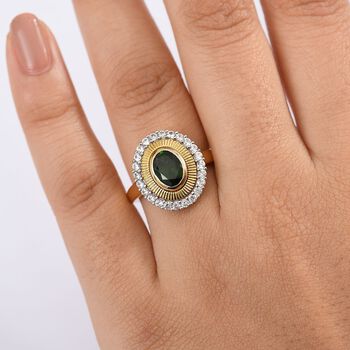 D'Joy Nat&uuml;rlicher Chromdiopsid, Wei&szlig;er Zirkon Ring 925 Silber 750 Gelbgold Vermeil (Gr&ouml;&szlig;e 17.00) ca. 2,11 ct