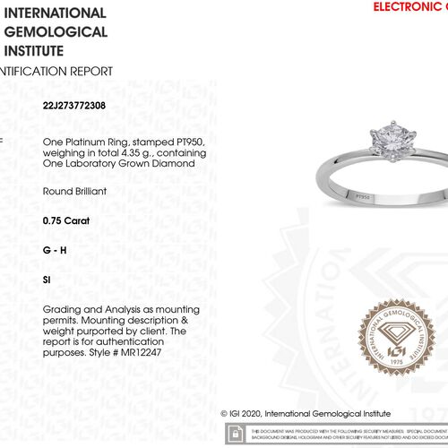 LUXURIANT DIAMOND- IGI zertifizierter SI-GH Labor Diamant Ring in 950 Platin- 0,75 ct. image number 7