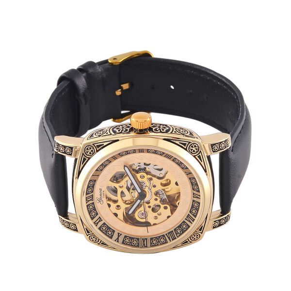 Genoa Time V2 Automatik-Uhr mit Mechanischem Uhrwerk, Goldfarbener Gravur und Schwarzem Lederarmband image number 5