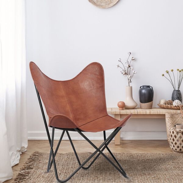 Zusammenklappbarer Butterfly-Sessel aus Echtleder, 92cm, Hellbraun image number 2