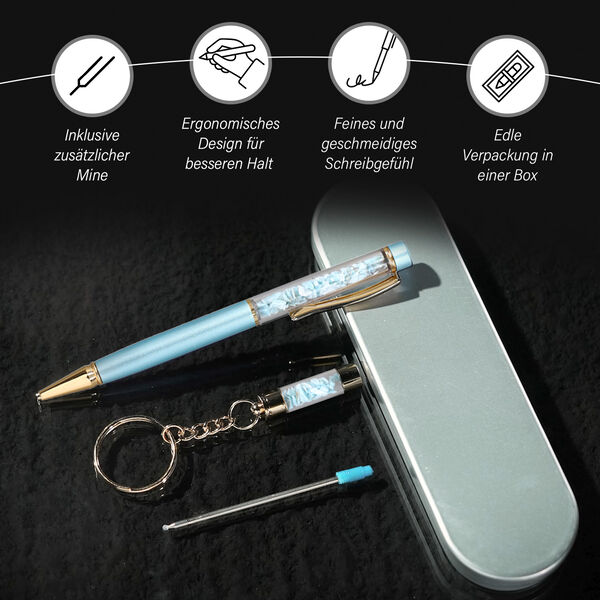 Kugelschreiber mit Larimar-Edelsteinf&uuml;llung, inkl. Nachf&uuml;llmine und Schl&uuml;sselanh&auml;nger, Blau image number 4