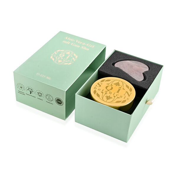 "ALOE VERA gel with Gemstone Rose quartz - 225 ml Gua Sha Size  Color - Green Box Size- 17 - x 11  x 7 cm Gua sha Dimension - 7 x 4.5 cm", " Rose quartz Gemstone Gua sha  Size - 7 x 4.5 cm Color- Pink" image number 6