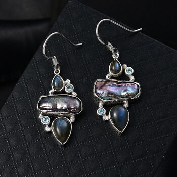 D'Joy S&uuml;&szlig;wasser Pfau Perle, Labradorit Ohrringe 925 Silber rhodiniert 13.67 ct