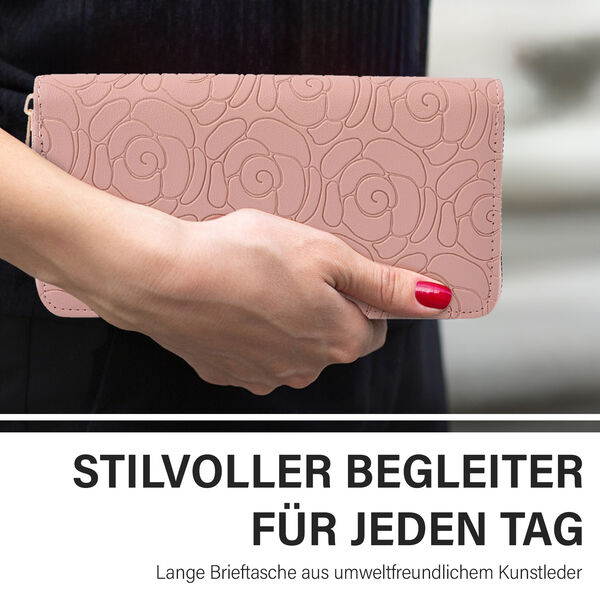 Lange Brieftasche aus naturfreundlichem Kunstleder, 19x2.5x10cm, florales Muster, rosa image number 1