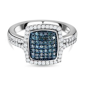 Weißer und blauer Diamant-Halo-Ring, 925 Silber platiniert, 0,75 ct.