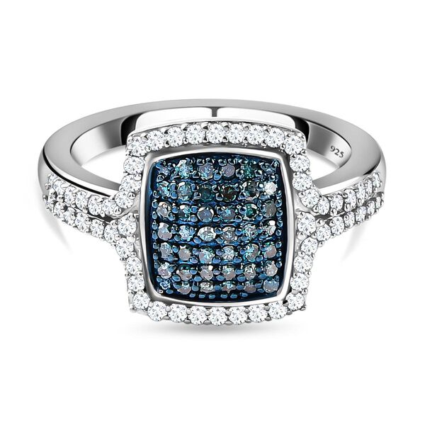 Wei&szlig;er und blauer Diamant-Halo-Ring, 925 Silber platiniert, 0,75 ct.