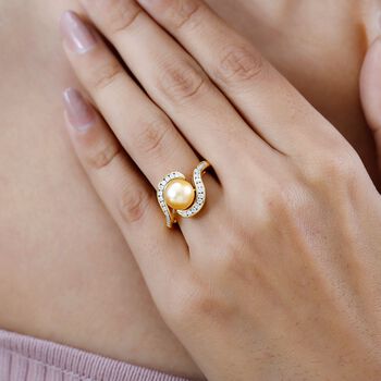 Goldene S&uuml;dsee Perle, Moissanit Ring, (9-11mm), 925 Silber Gelbgold Vermeil (Gr&ouml;&szlig;e 20.00) ca. 0.56 ct