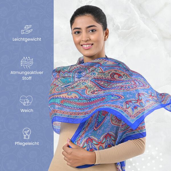 Bedruckter Schal aus 100% Seide, Mehrfarbiges Muster und blaue Bordüre, 70x200 cm image number 3