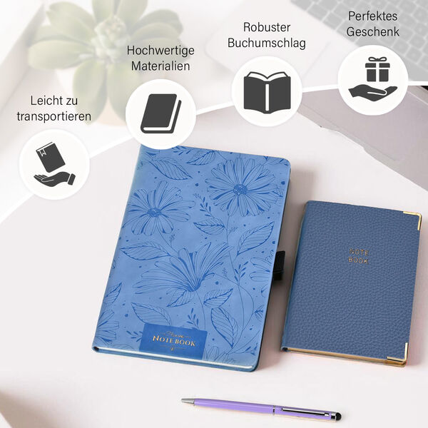 Premium Set; Notizbuch und Taschentagebuch mit geschnitztem, samtigem Hardcover und Kugelschreiber, Blau image number 4