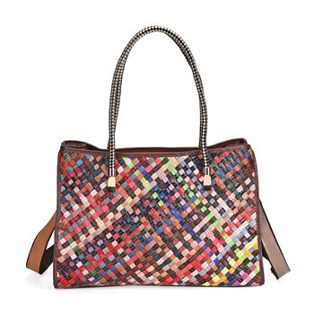 Chaos by Elsie - Echtleder Umh&auml;ngetasche mit RFID-schutz, Multicolor-Webmuster, 43 x 15 x 29 cm, gewebt