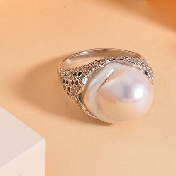 Wei&szlig;er Barockperle, schwarzer Spinell und Zirkon-Ring- 25 ct. image number 2