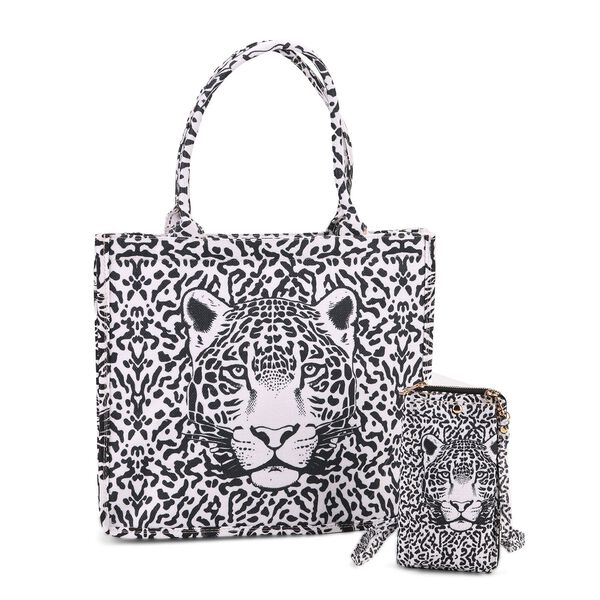 2-teiliges Taschenset - Shopper und Handytasche, ca. 40  x 12 x 35 cm (Shopper), ca. 20 x 11 x 2 cm (Handytasche), Leopardmotiv