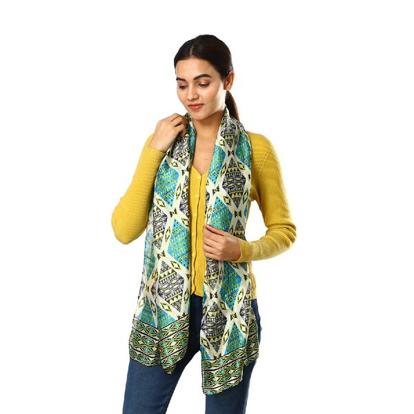 100% nat&uuml;rlicher Satin Seiden Schal, 165x50 cm, Rauten-Muster, T&uuml;rkis image number 2