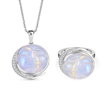 D'Joy AAA Regenbogen Mondstein und Zirkon Ring und Anh&auml;nger mit 50cm Kette