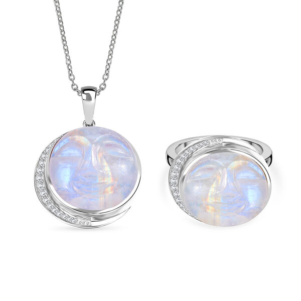 D'Joy AAA Regenbogen Mondstein und Zirkon Ring und Anh&auml;nger mit 50cm Kette image number 0