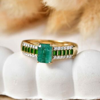 D'Joy AAA Kagem Sambischer Smaragd, Moissanit Ring 925 Silber 750 Gelbgold vermeil (Gr&ouml;&szlig;e 17.00) ca. 1,15 ct
