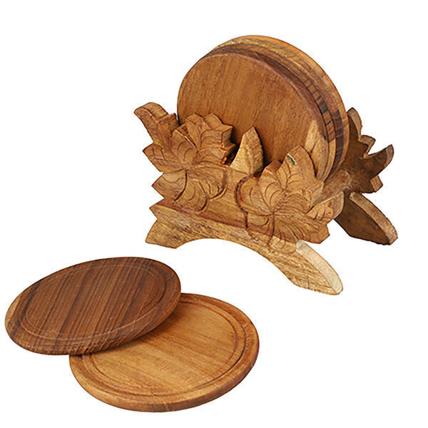 Untersetzer mit handgeschnitztem Ständer aus Teakholz, Größe 12,7x12,7x7,6 cm, Braun image number 0